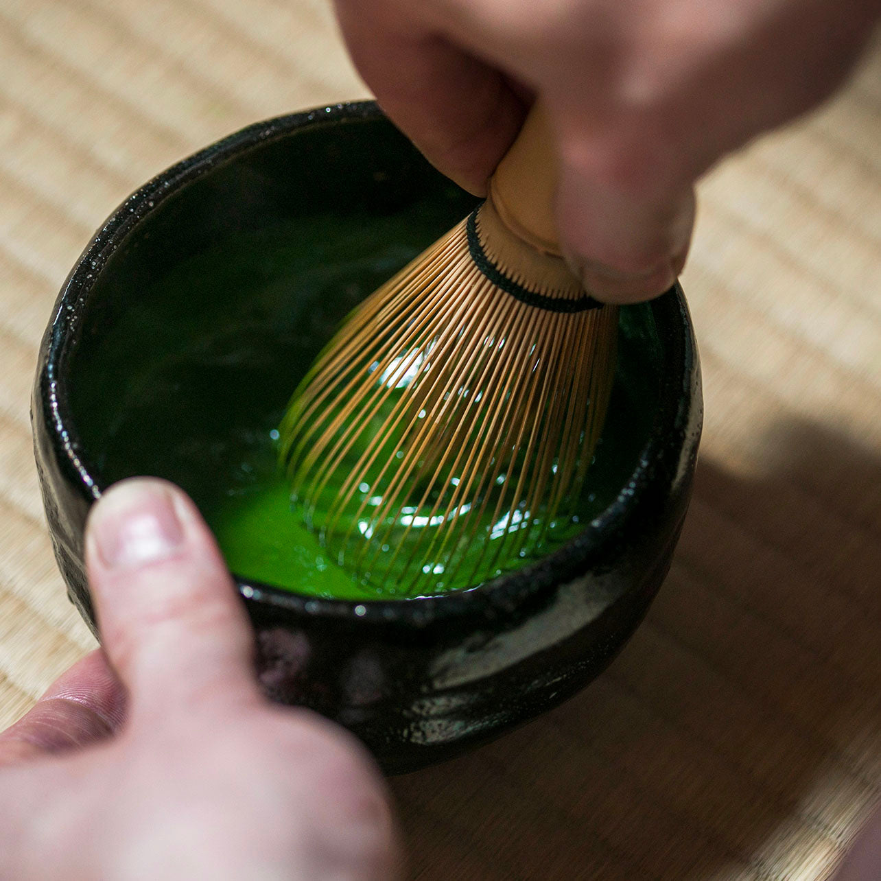 Premium Kyoto matcha powder prepared in a tea bowl